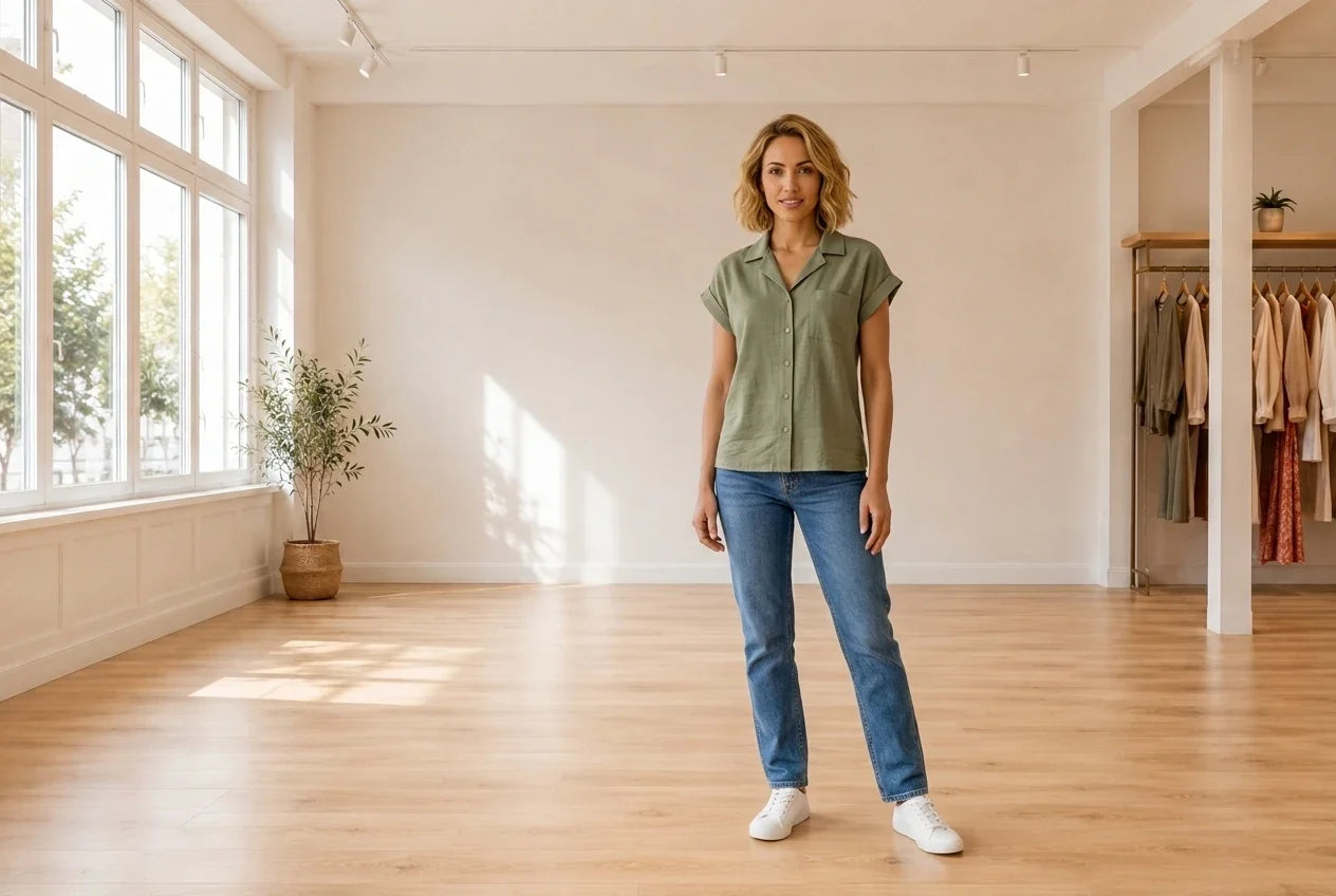 Model wearing Women's Small Blouses Women's Cotton-Linen Slub Camp Shirt in Online Warehouse Sale boutique studio