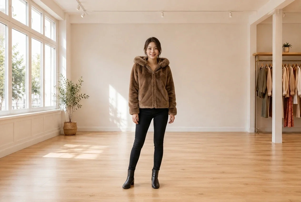 Model wearing Women's Small Clothing Women's Hooded Faux-Fur Jacket in Online Warehouse Sale boutique studio