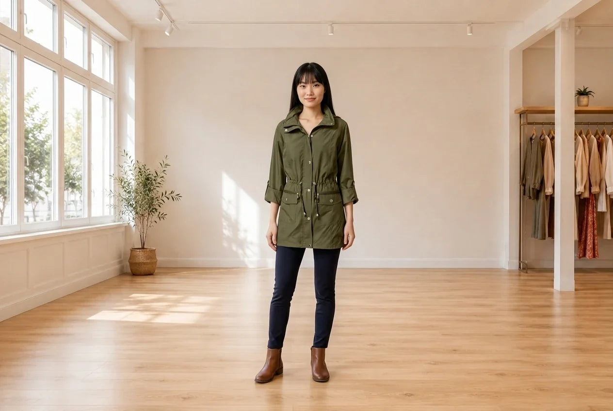 Model wearing Women's Small Coats, Jackets and Blazers Women's Hooded Roll-Tab Sleeve Anorak Jacket in Online Warehouse Sale boutique studio