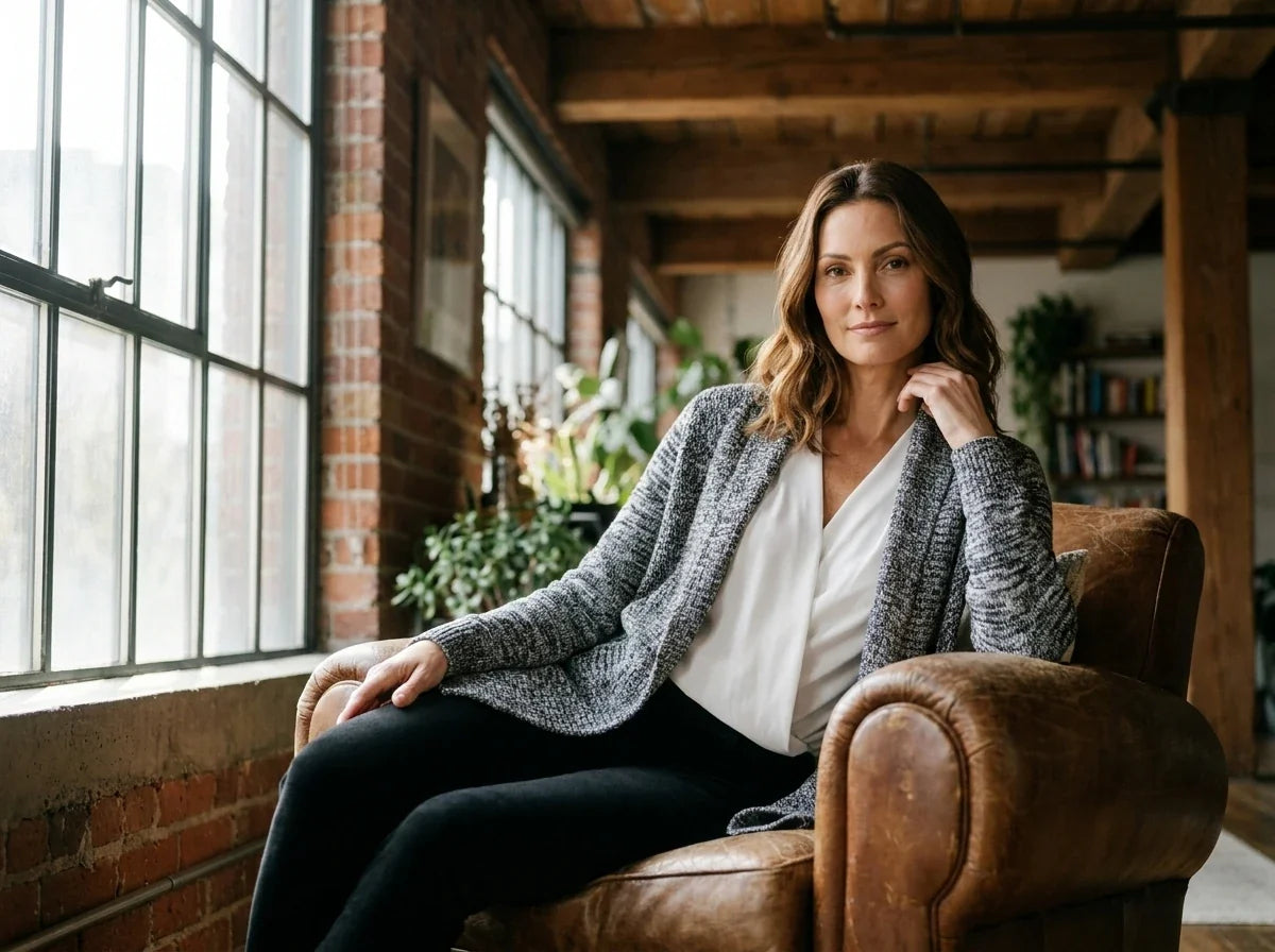 A woman sits in a brown leather armchair in a rustic loft-style room with brick walls, large windows, and wooden ceiling beams. She is wearing a gray textured knit cardigan over a white blouse and black pants.
