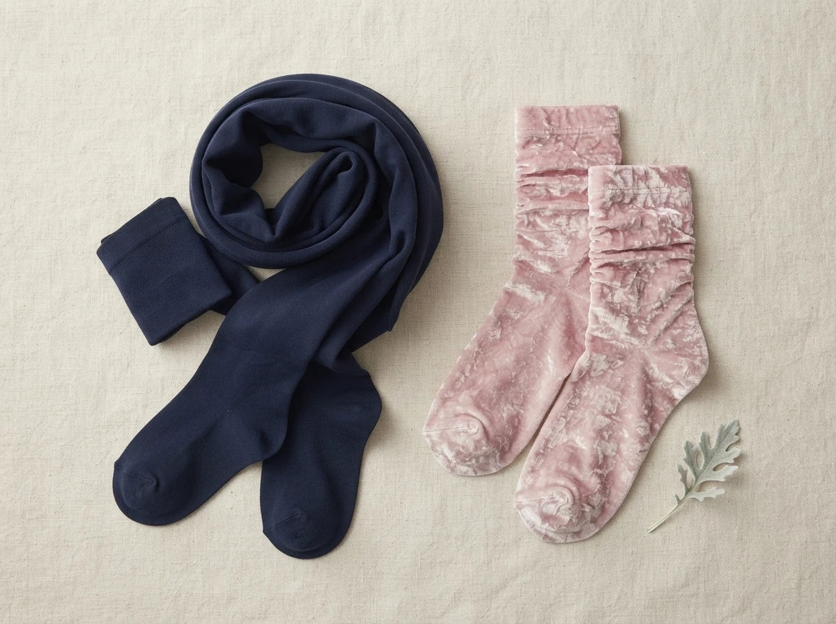 A navy blue scarf and a pair of dusty pink velvet socks arranged on a textured beige fabric background with a small decorative leaf.