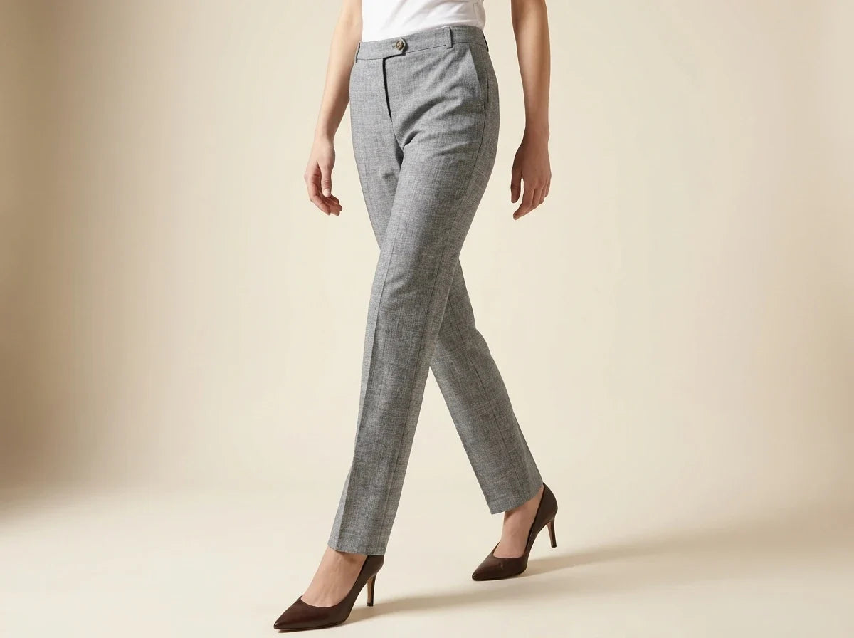 Cropped view of a woman walking in tailored heather grey straight-leg dress trousers paired with dark brown pointed-toe high heels.