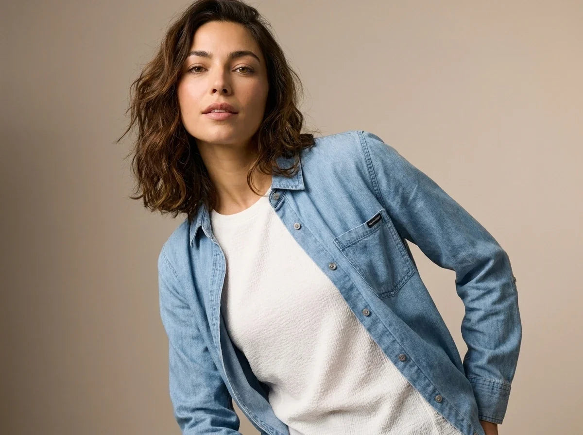 A woman wearing a light blue denim button-up shirt over a white textured t-shirt, posed against a solid beige studio background.
