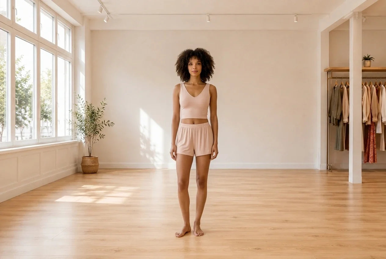 Model wearing Women's X-Large Bras lace-trim bralette and matching shorts in Online Warehouse Sale boutique studio