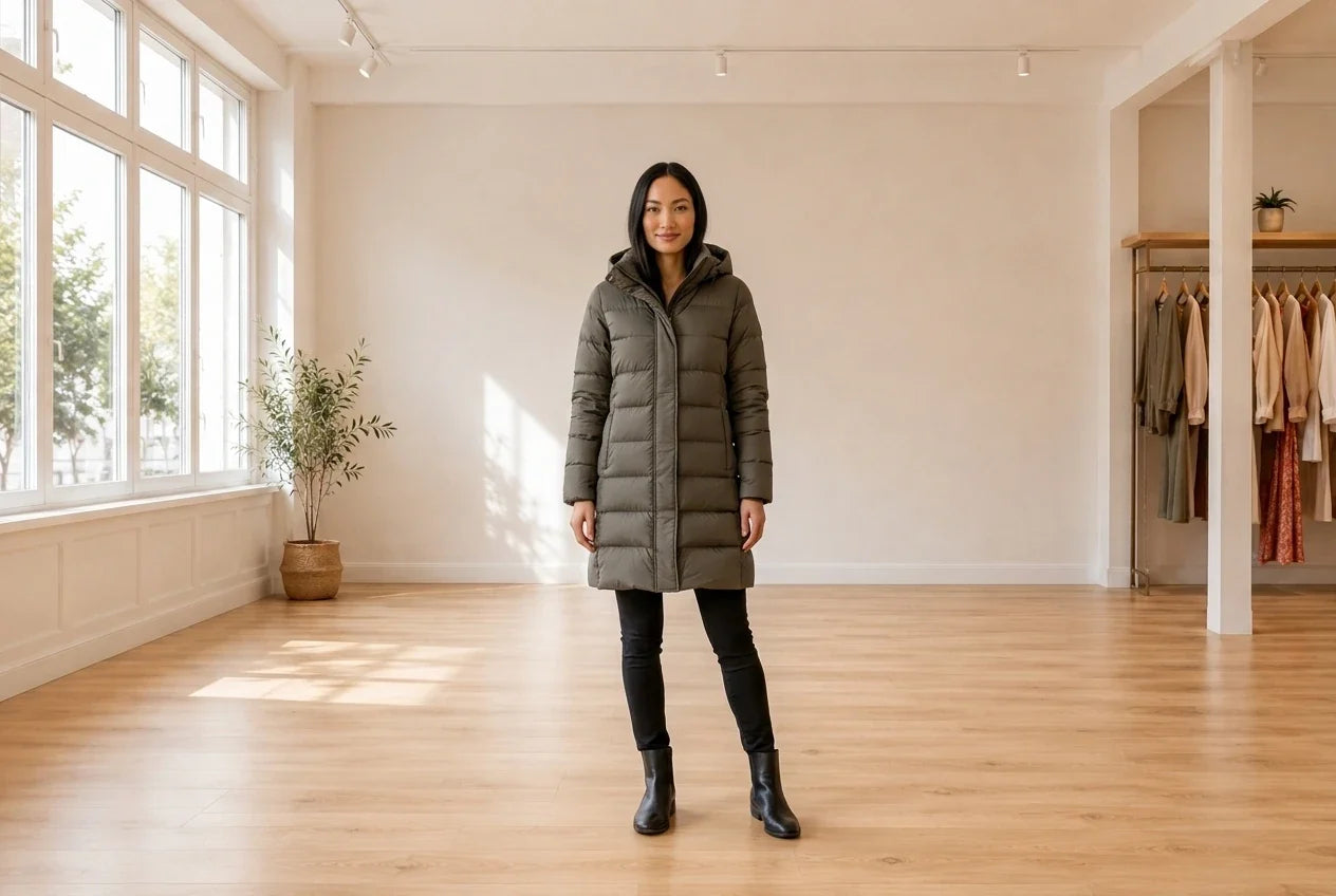 Model wearing Women's X-Large Clothing Women's Hooded Packable Down Puffer Coat in Online Warehouse Sale boutique studio