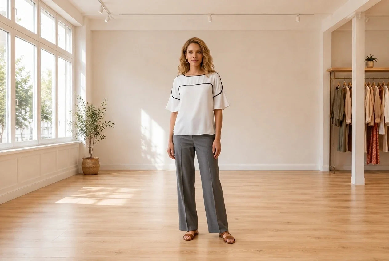 Model wearing Women's X-Large Shirts and Tops Women's Pipe-Trim Blouse in Online Warehouse Sale boutique studio