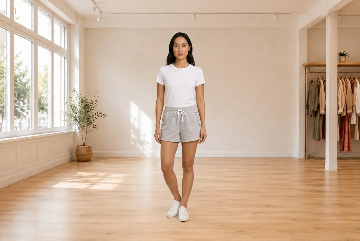 Model wearing Women's X-Large Shorts Women's Track Shorts in Online Warehouse Sale boutique studio