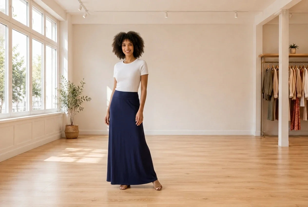 Model wearing Women's X-Large Skirts Women's Comfort-Waist Maxi-Skirt in Online Warehouse Sale boutique studio