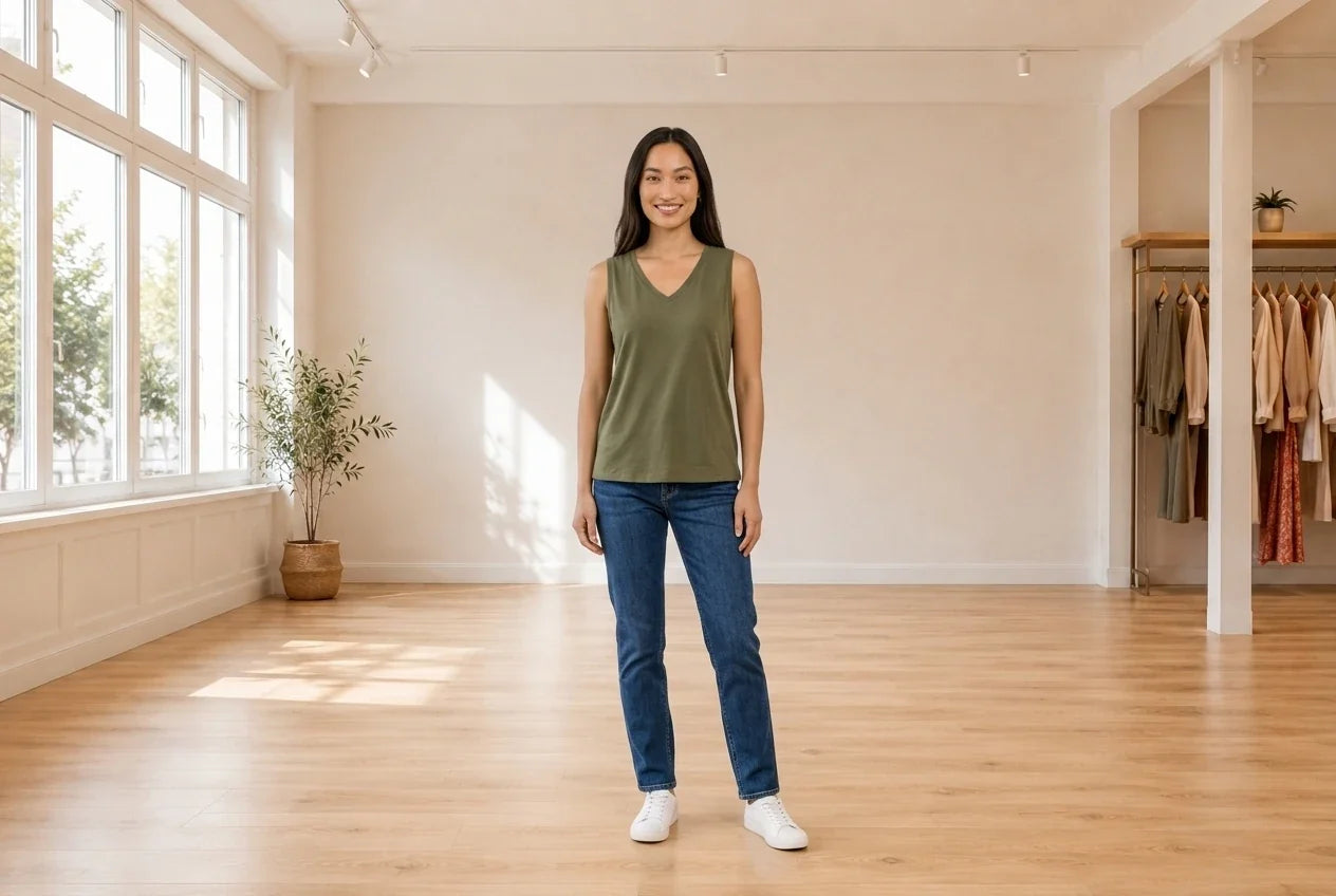 Model wearing Women's X-Large T-Shirts Women's Cotton V-Neck Tank Top in Online Warehouse Sale boutique studio