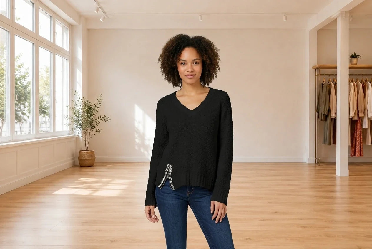 Model wearing Women's X-Small Cardigans Women's Embellished Popcorn Sweater in Online Warehouse Sale boutique studio