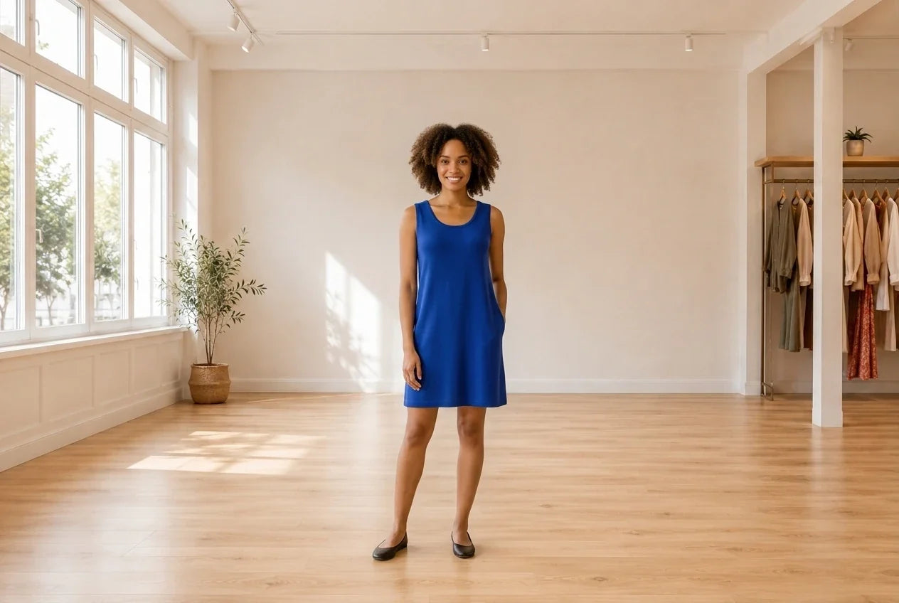 Model wearing Women's X-Small Dresses Women's Sleeveless Knit Dress in Online Warehouse Sale boutique studio