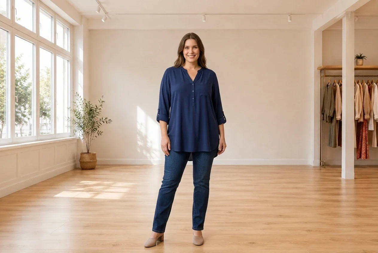 Model wearing Women's XX-Large Blouses Women's Solid Button-Down V-Neck Tunic Top in Online Warehouse Sale boutique studio