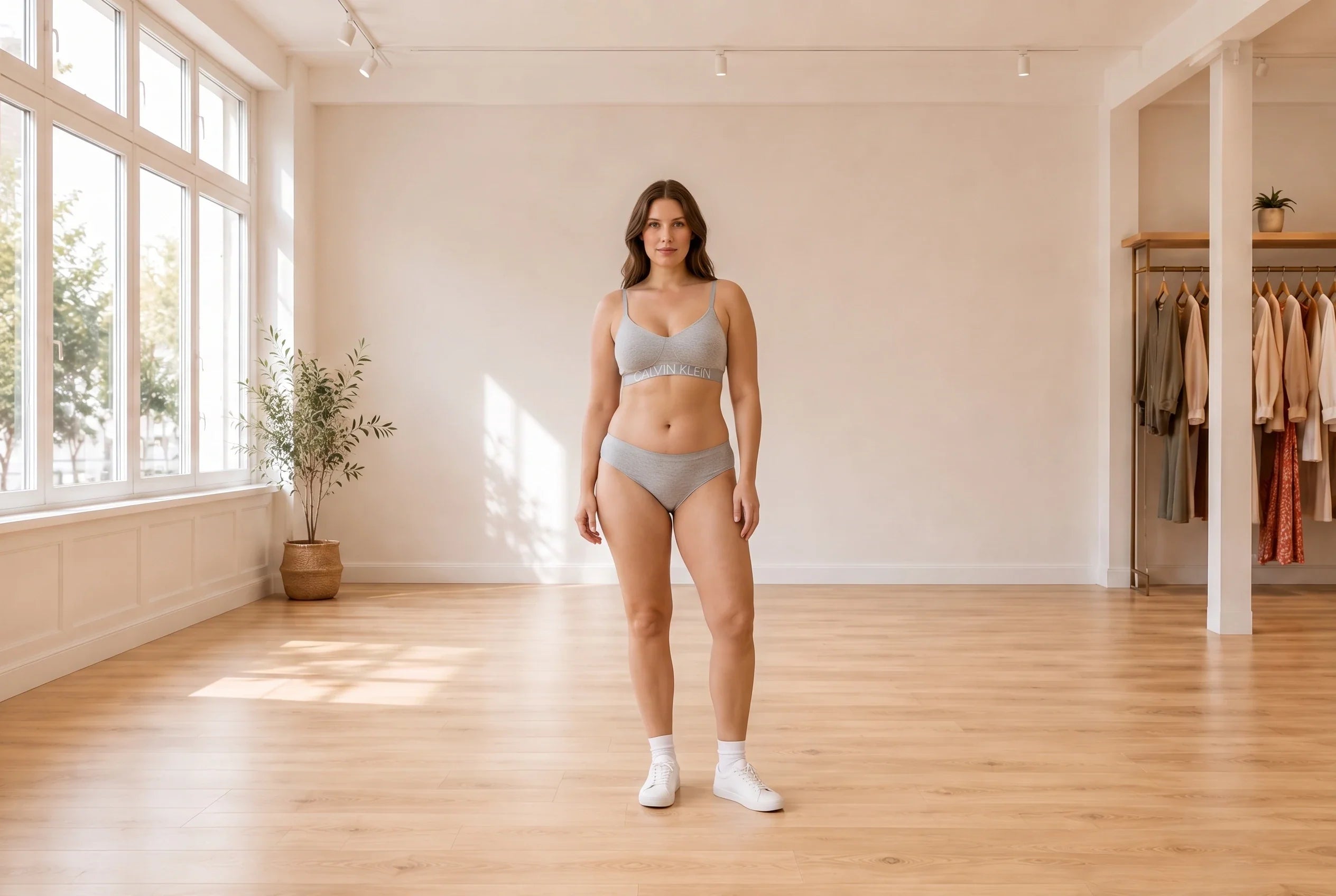 Model wearing Women's Calvin Klein XX-Large Bra & Panties loungewear sleep set in Online Warehouse Sale boutique studio