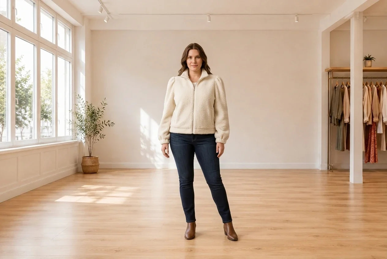 Model wearing Women's XX-Large Coats, Jackets and Blazers Women's Puff-Sleeve Jacket in Online Warehouse Sale boutique studio