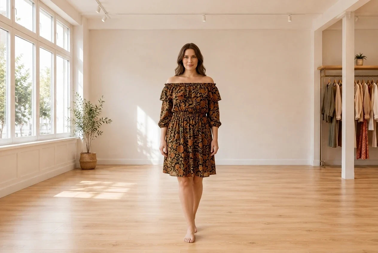 Model wearing Women's XX-Large Dresses Women's Off-The-Shoulder Printed Dress in Online Warehouse Sale boutique studio