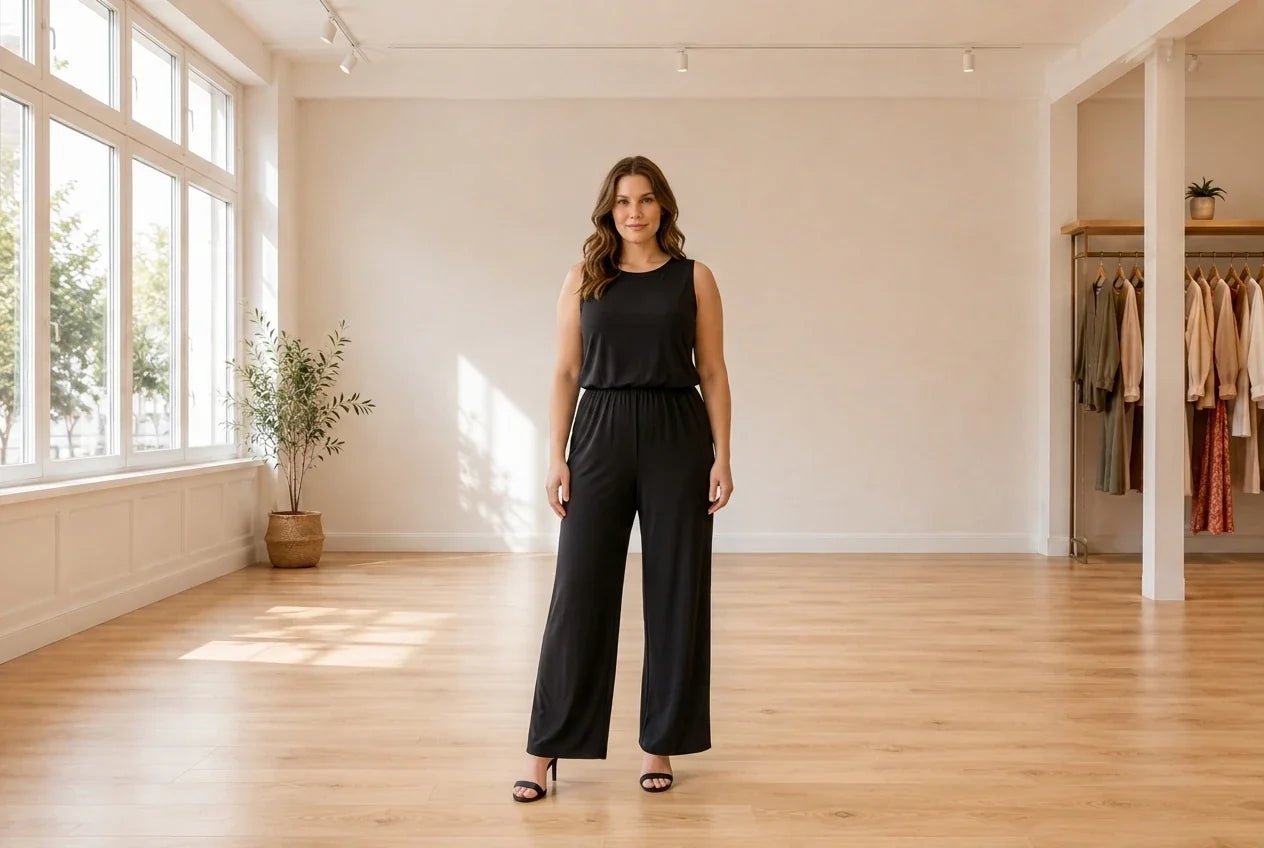Model wearing Women's XX-Large Jumpsuits and Rompers Women's Solid Wide-Leg Jumpsuit in Online Warehouse Sale boutique studio