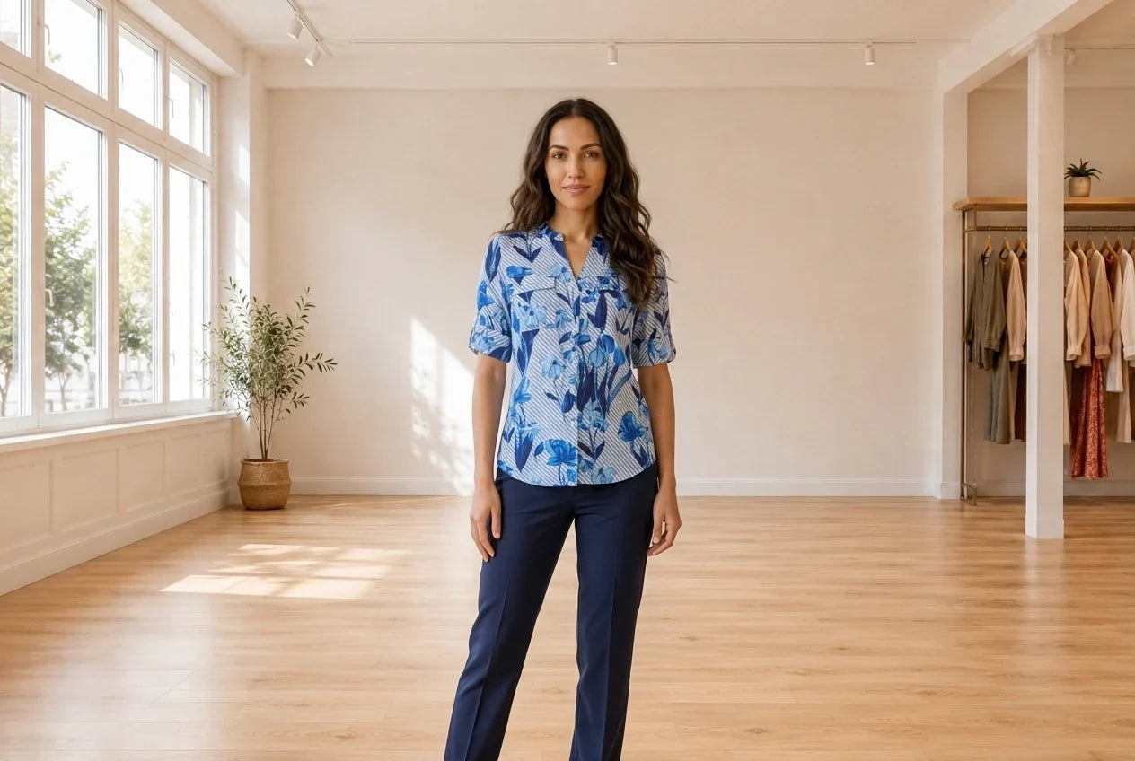 Model wearing Women's XX-Small Shirts and Blouses Women's Printed Roll-Tab Blouse in Online Warehouse Sale boutique studio