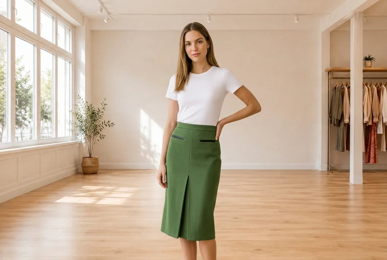 Model wearing Women's XX-Small Skirts Women's Pull-On Knee-Length Pleated Pencil Skirt in Online Warehouse Sale boutique studio