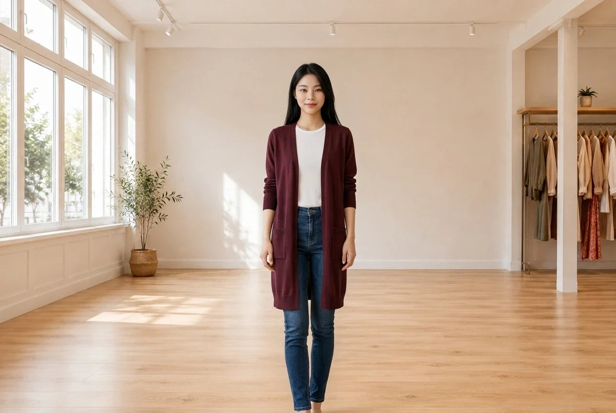 Model wearing Women's XX-Small Sweaters and Cardigans Women's Midi Pocket Cardigan in Online Warehouse Sale boutique studio