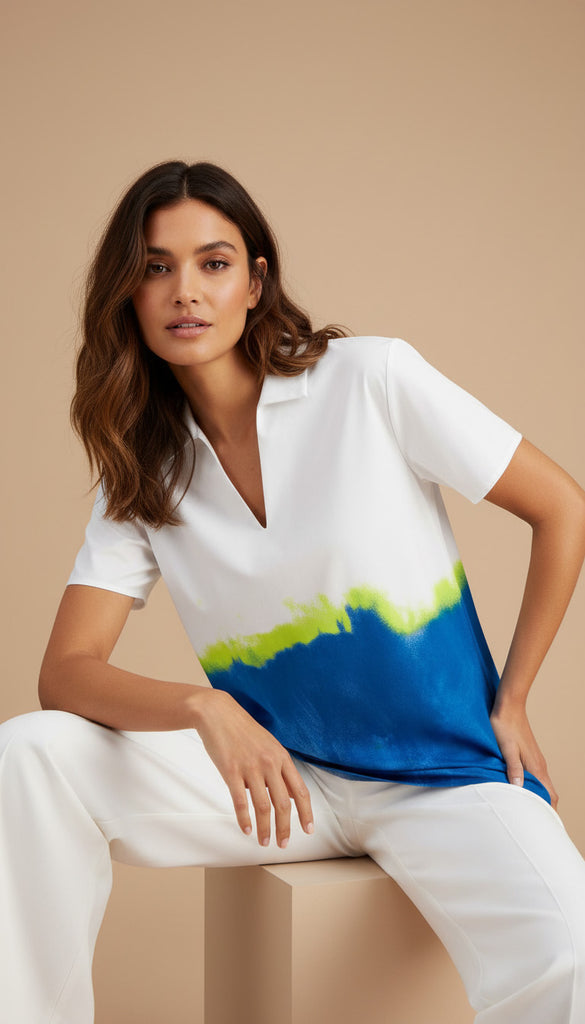 Alfani Women Printed V Neck Collared Top Blue Sublime Dye posing