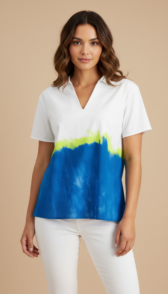 Alfani Women Printed V Neck Collared Top Blue Sublime Dye