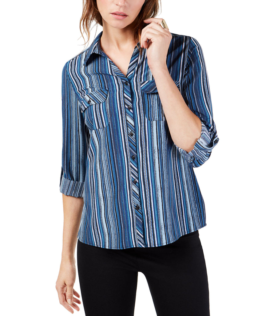 NY Collection Women Petite Printed Utility Shirt Blue Zip Stripe