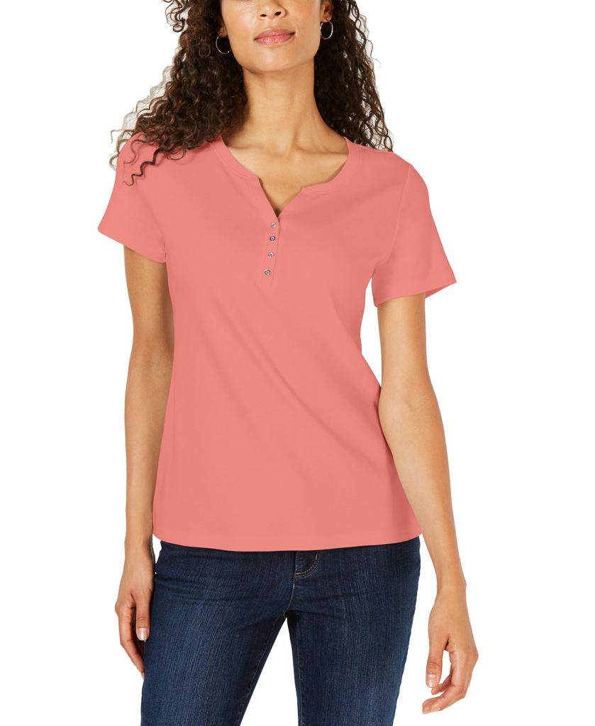 Karen Scott Women Short Sleeve Henley Top Coral Lining