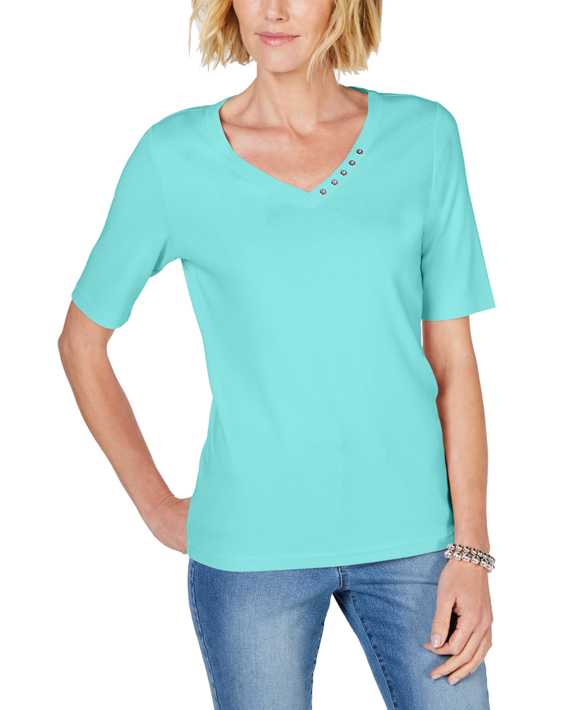 Karen Scott Women Cotton V Neck T Shirt Pacific Aqua