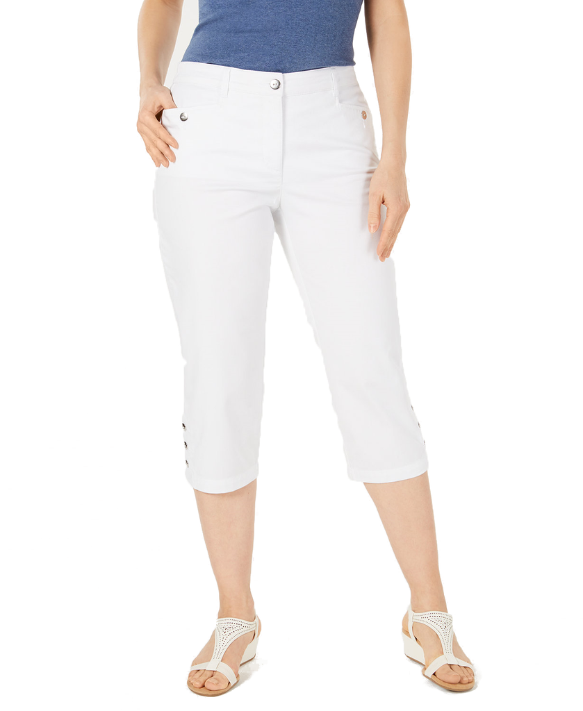 Karen Scott Women Button Hem Capri Pants Bright White