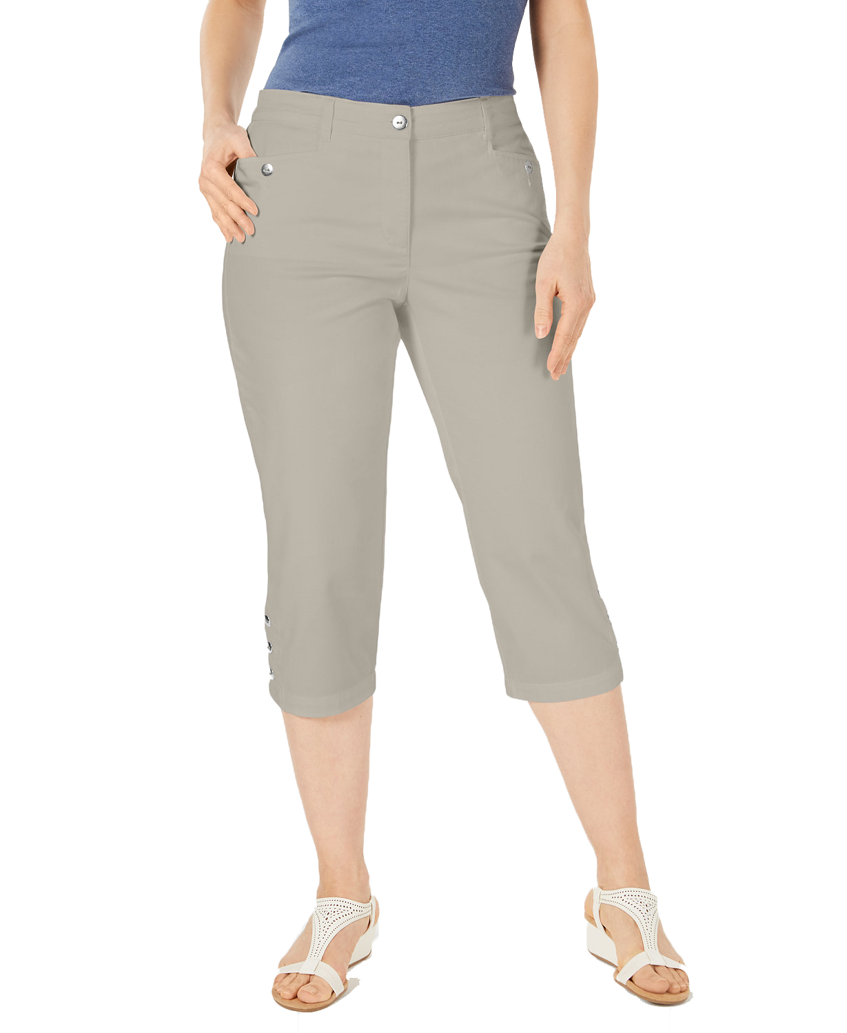 Karen Scott Women Petite Button Hem Capri Pants Stonewall
