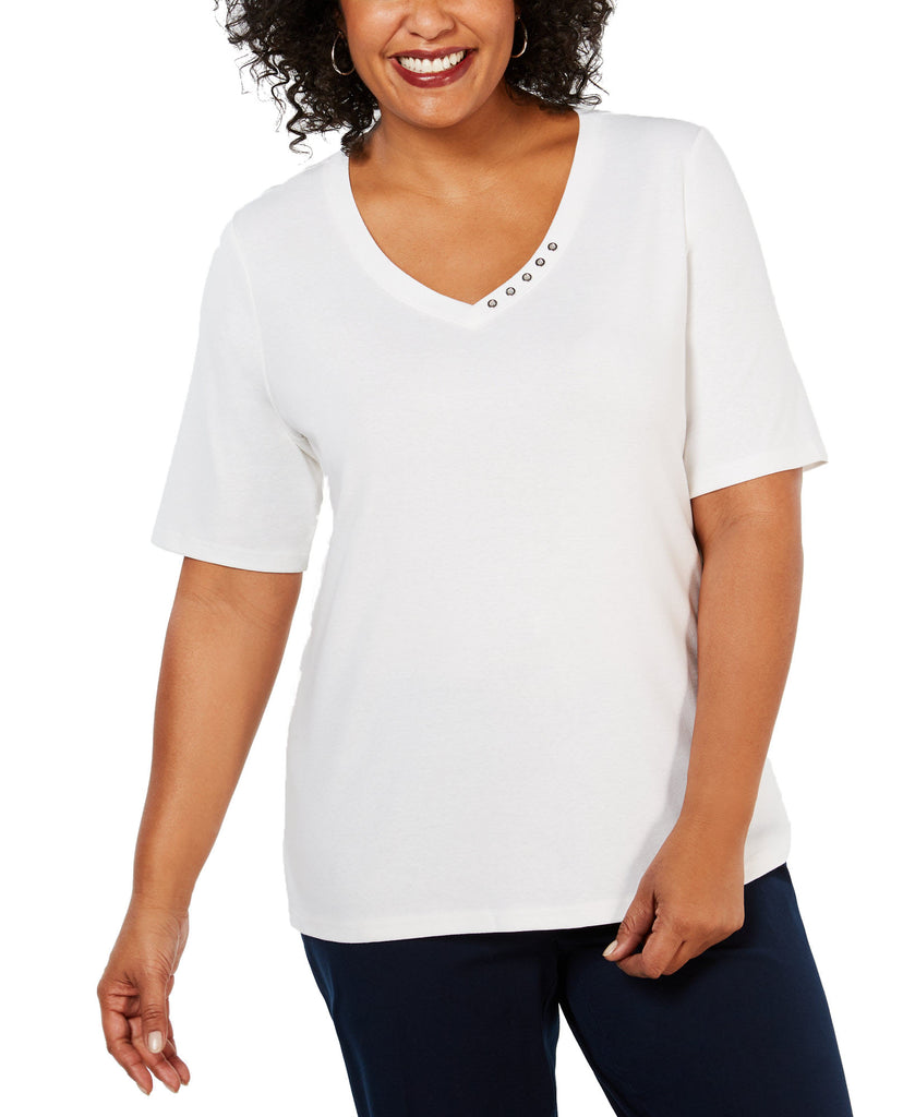 Karen Scott Women Plus Cotton V Neck Top Bright White