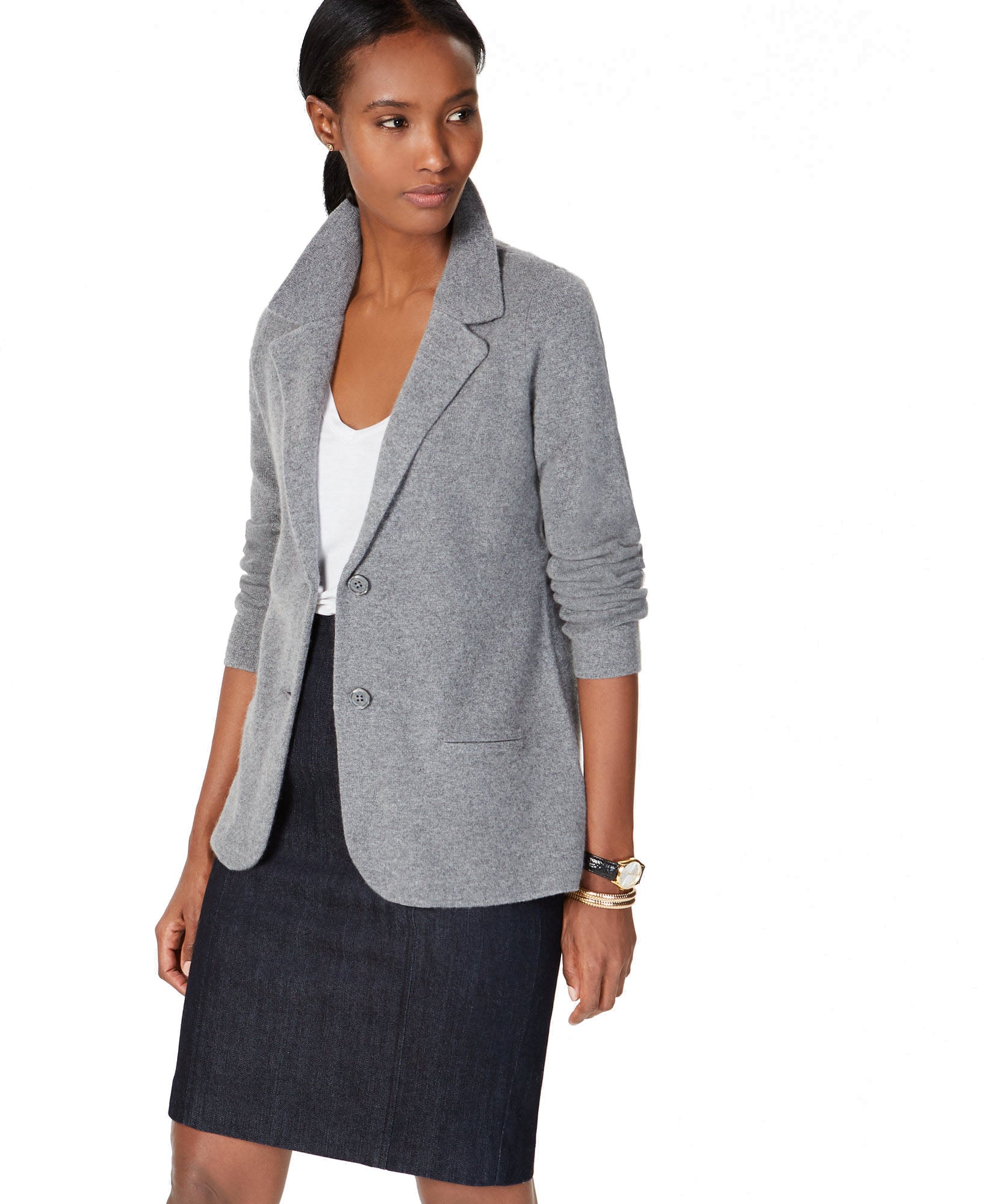 Charter Club Women Pure Cashmere Blazer Mid Grey Heather