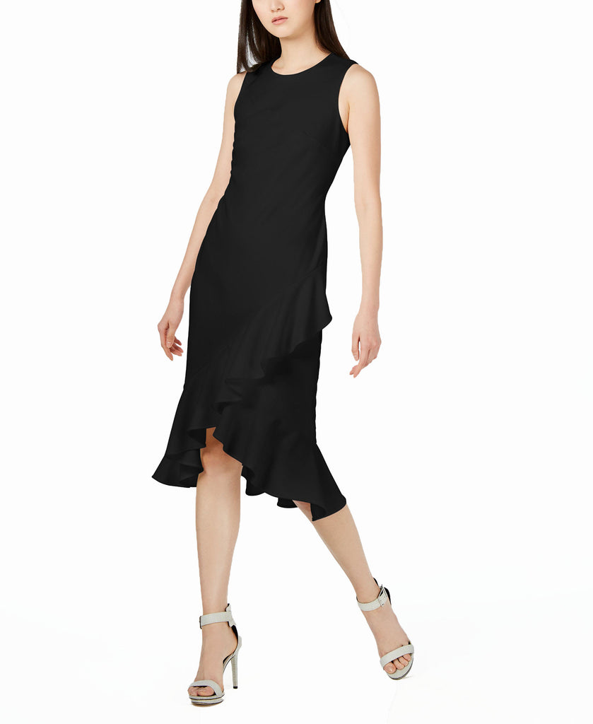 Calvin Klein Women Sleeveless Ruffled Wrap Hem Dress Black