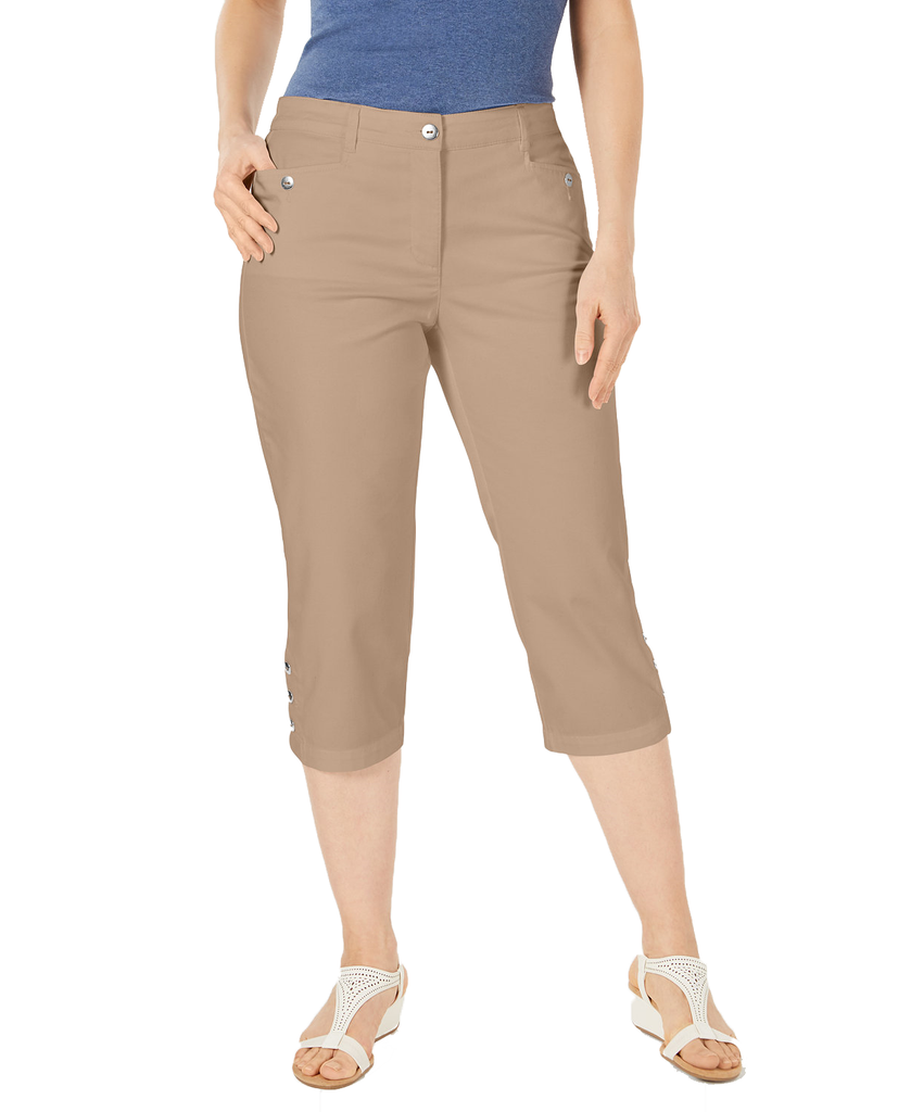 Karen Scott Women Button Hem Capri Pants Brass Iron