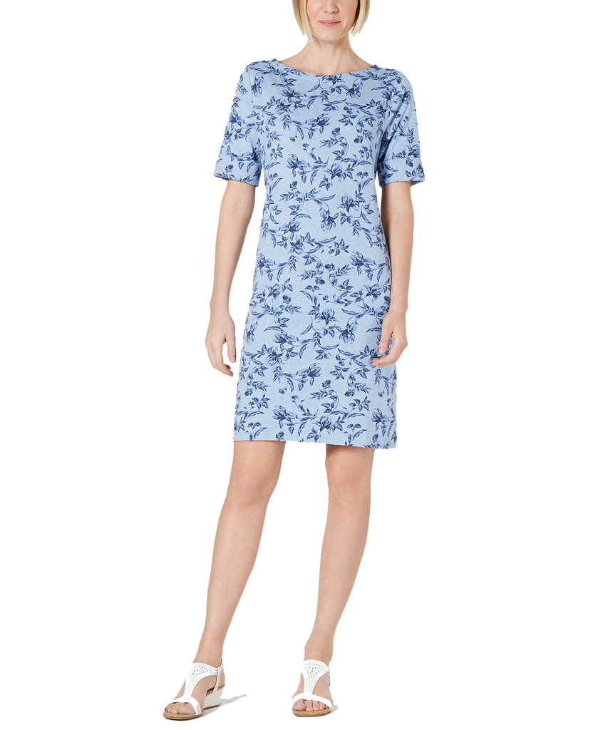 Karen Scott Women Printed Boat Neck T Shirt Dress Light Blue Heather