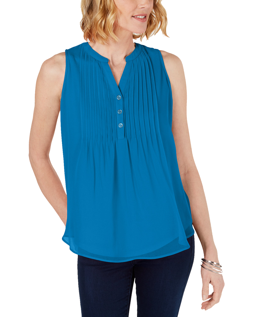 Charter Club Women Sleeveless Pintuck Blouse Turquoise Seas