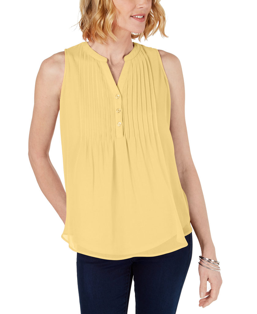 Charter Club Women Sleeveless Pintuck Blouse Citron Aura