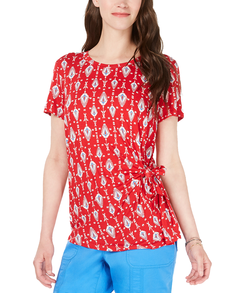 Style & Co Women Printed Side Tie Top Ikat Retreat Red