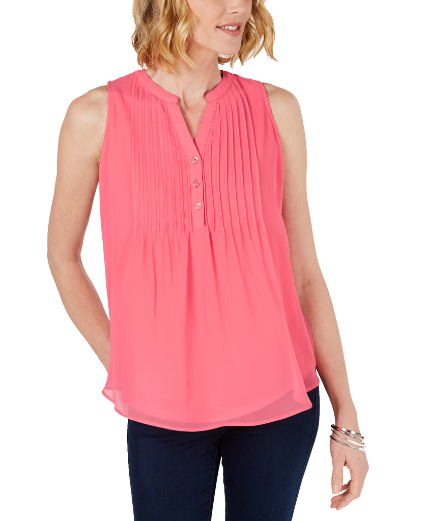 Charter Club Women Sleeveless Pintuck Blouse Tuscan Coral