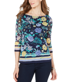 Charter Club Women Floral Print Boat Neck Top Intrepid Blue Combo