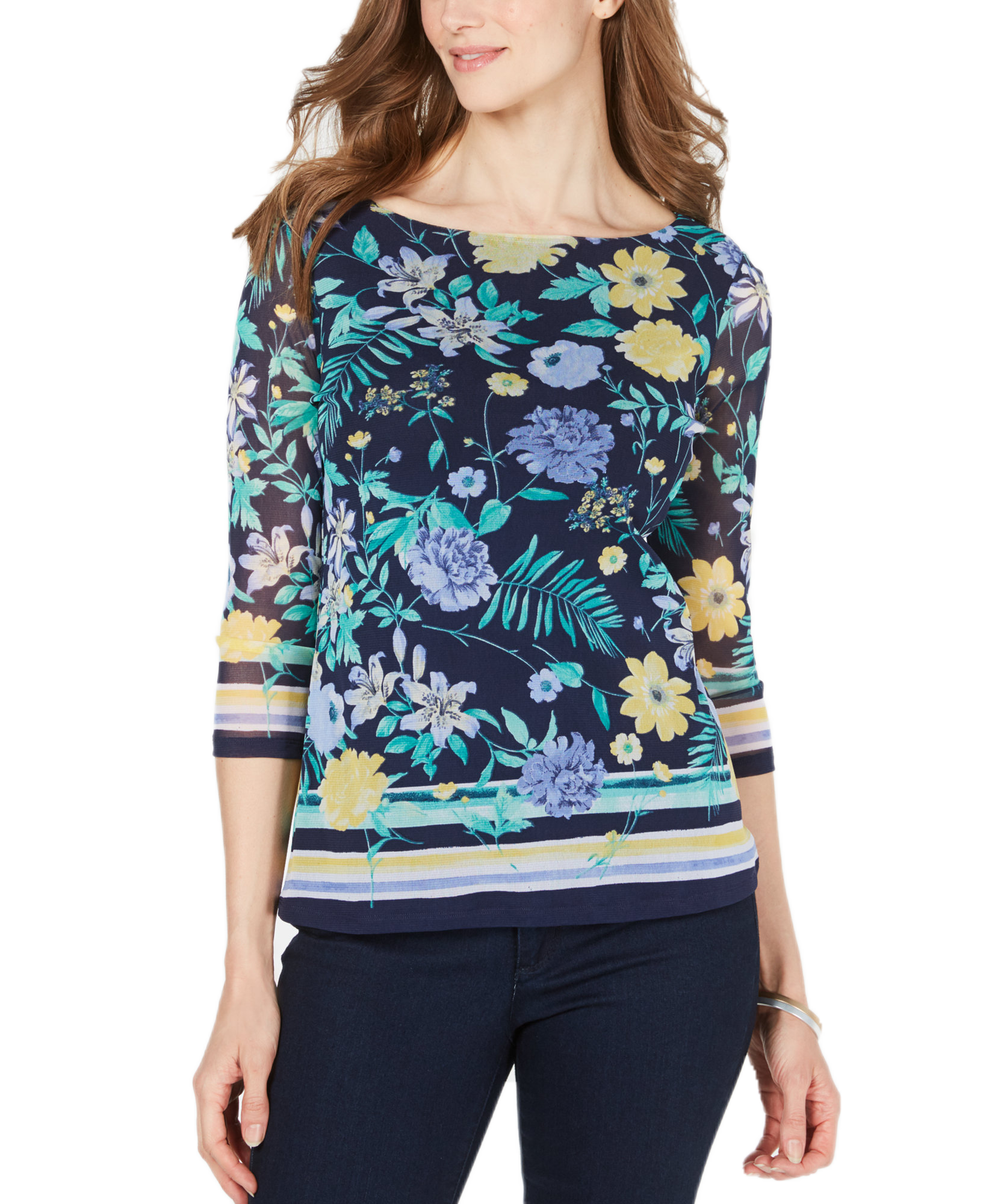 Charter Club Women Floral Print Boat Neck Top Intrepid Blue Combo