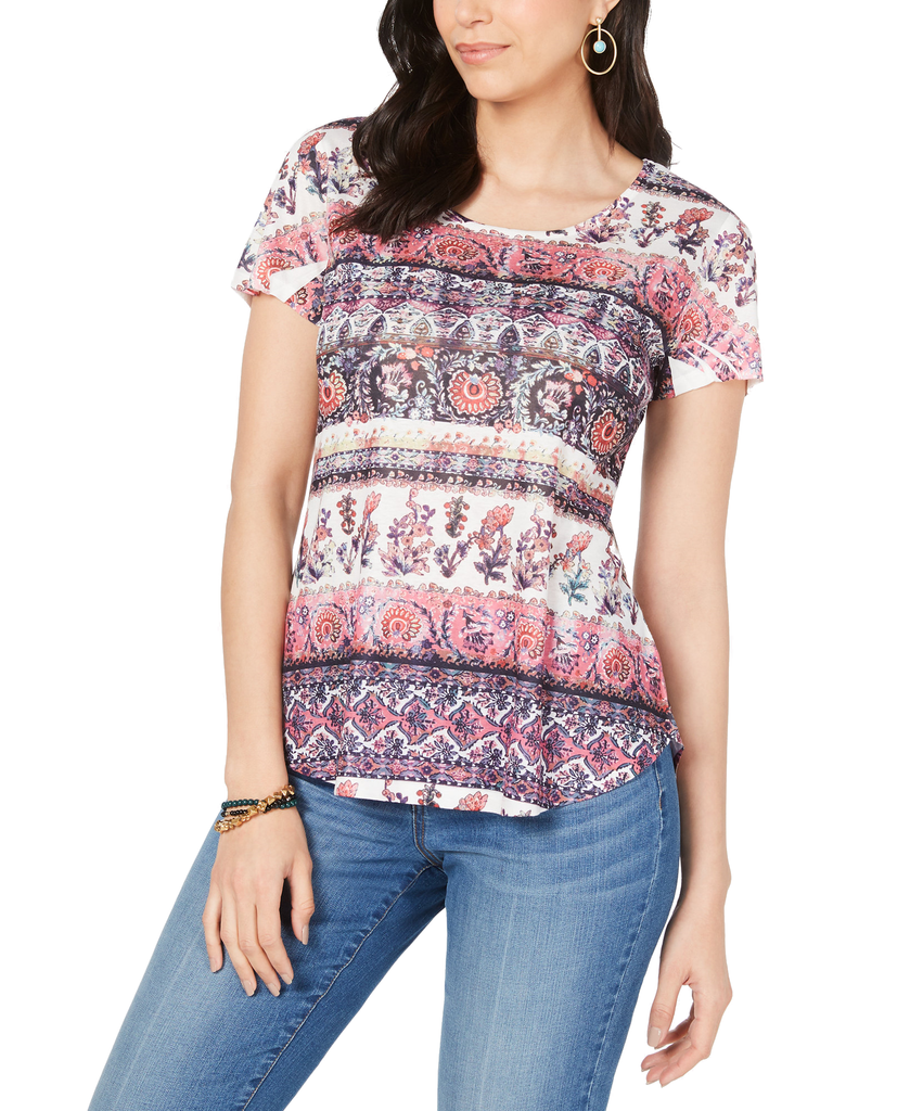 Style & Co Women Petite Printed T Shirt Seven Lines