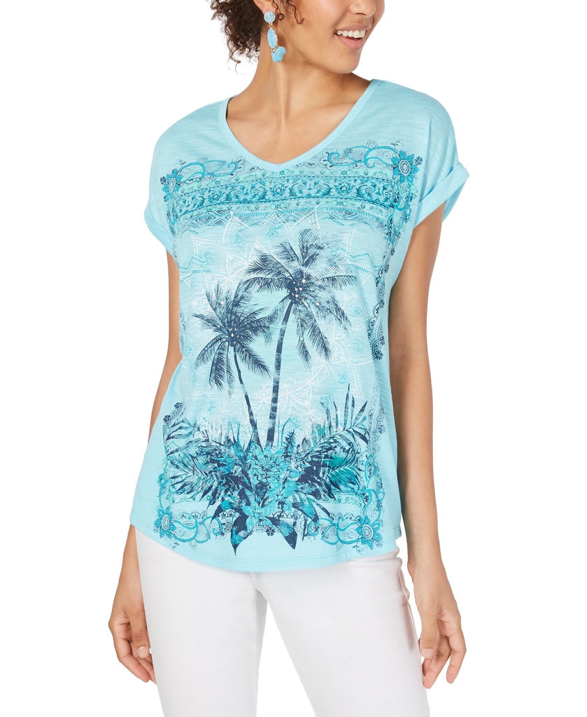 Style & Co Women Petite Graphic Print T Shirt Paradise Palms