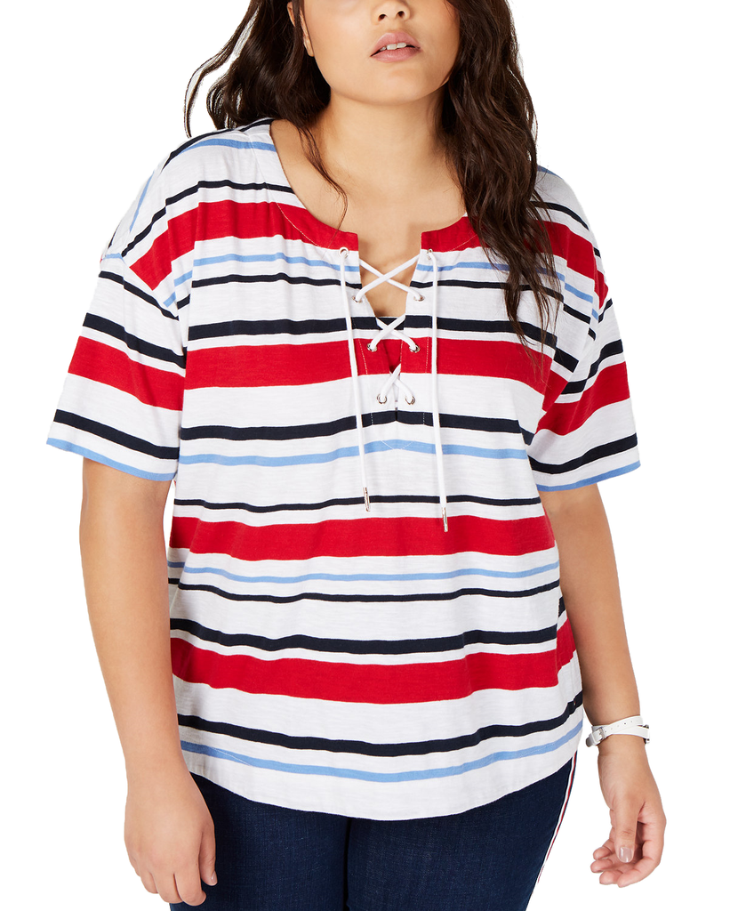 Tommy Hilfiger Women Plus Cotton Lace Up Top Sky Captain