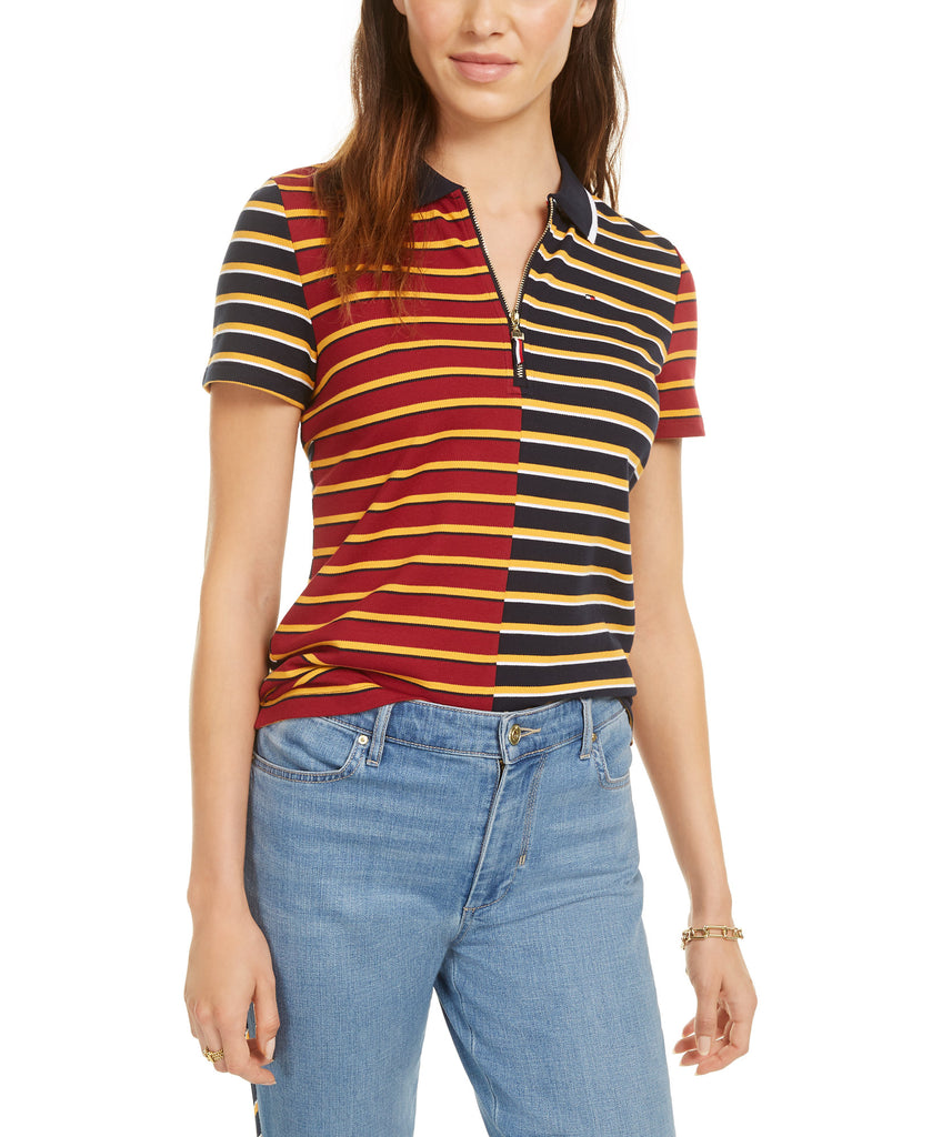 Tommy Hilfiger Women Striped Pique Zip Polo Shirt Sky Captain