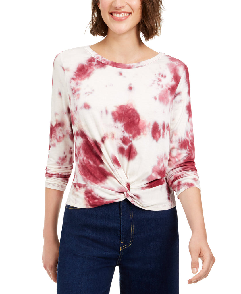 Hooked Up by IOT Women Tie Dye Twist Front Top Burgundy