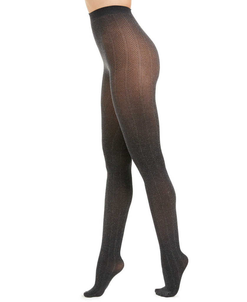 INC International Concepts Women Herringbone Tights With Metallic Black