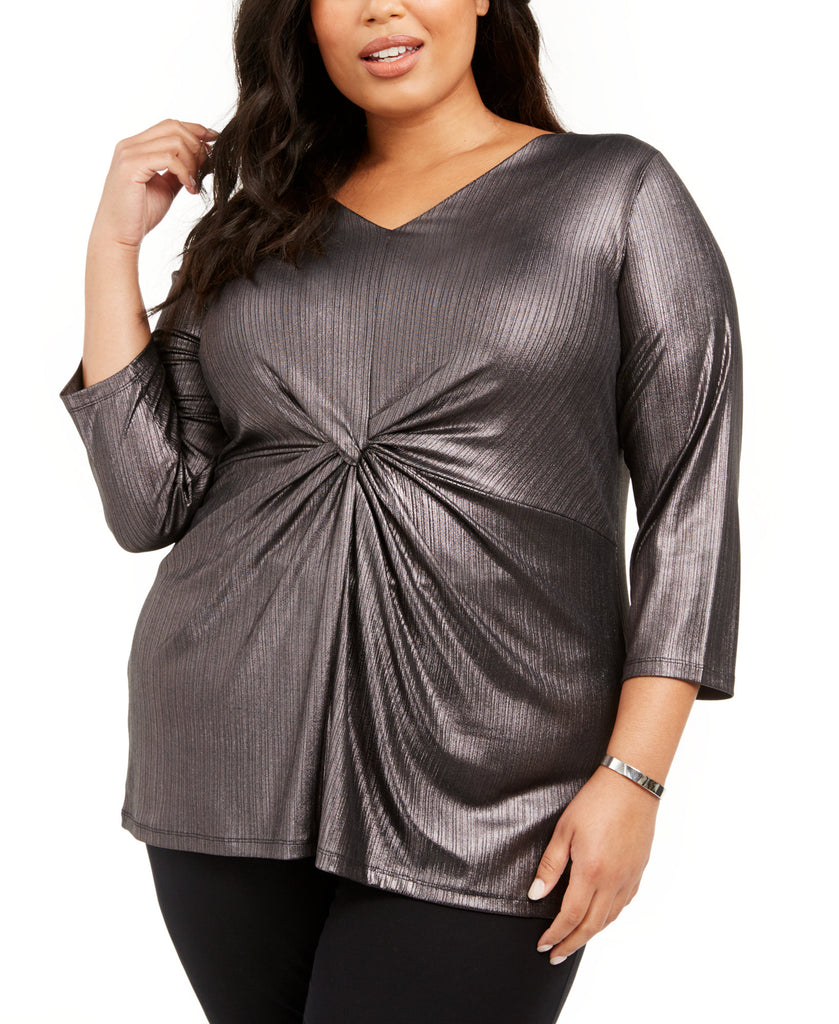 Alfani Women Plus Metallic Twist Front Top Gunmetal Deep Black