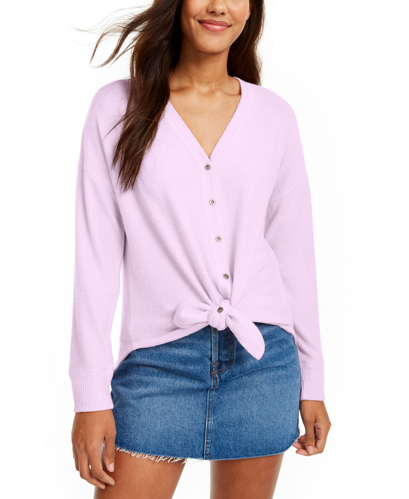 Hippie Rose Women Cozy Tie Front Shirt Lilac Petal