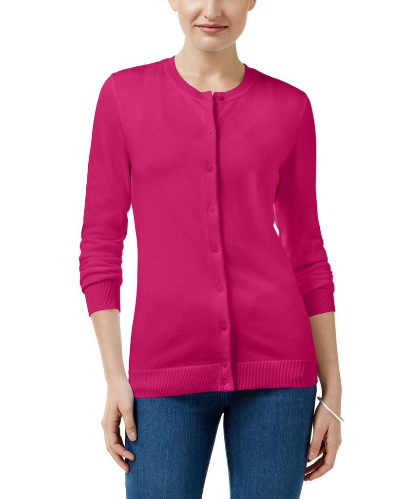 Karen Scott Women Crew Neck Cardigan Pink Peacock